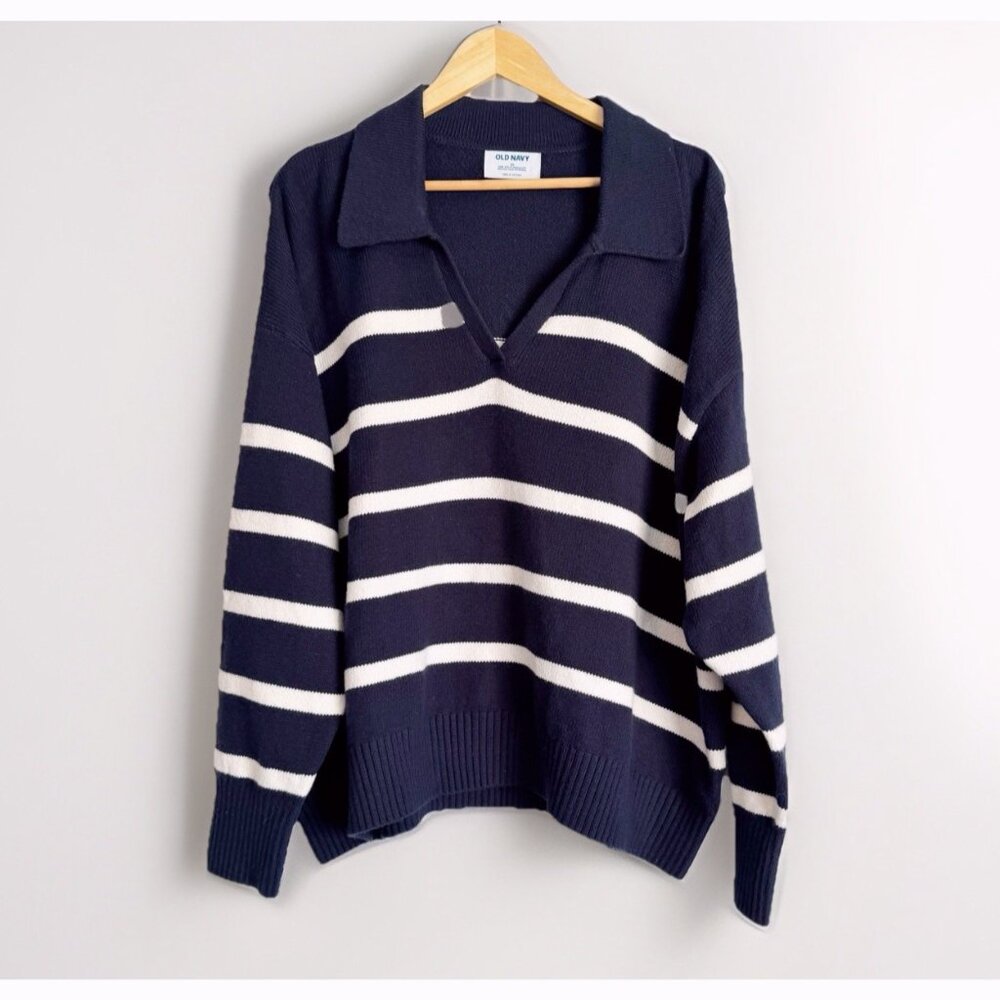 Old Navy Collared Stripe Navy White Sweater Women’s 3X Pullover Preppy Coastal - Picture 3 of 10